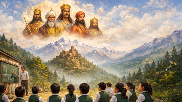 Students reading about ancient kings of Uttarakhand